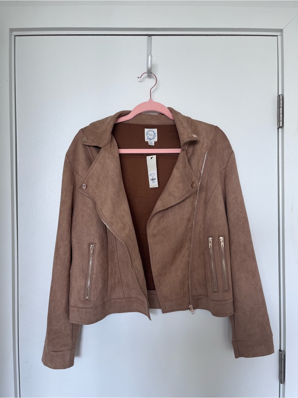 Francesca's Collections Faux Suede Moto Jacket in Taupe